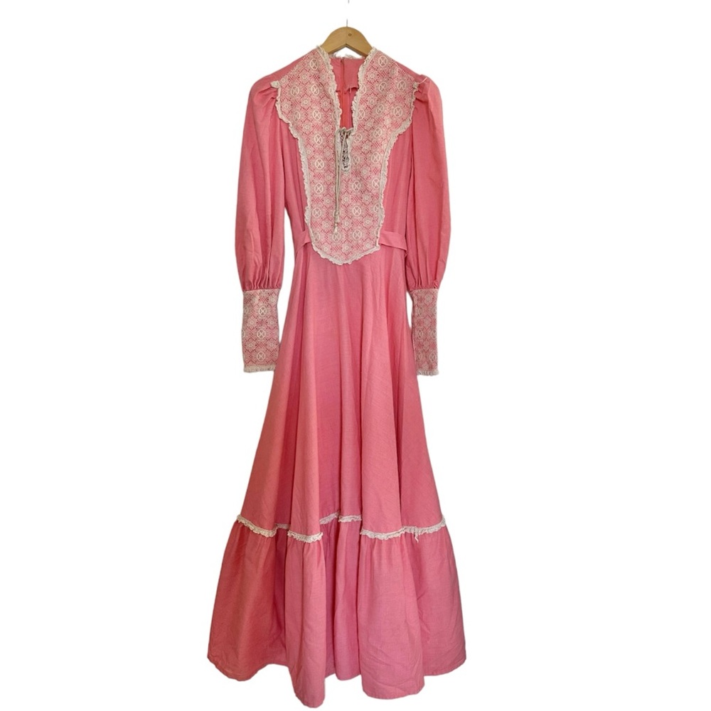 Vintage 1970's Praire Dress Leg of Mutton Sleeves Lace Bodice Zip Back & Wrists - Picture 9 of 12